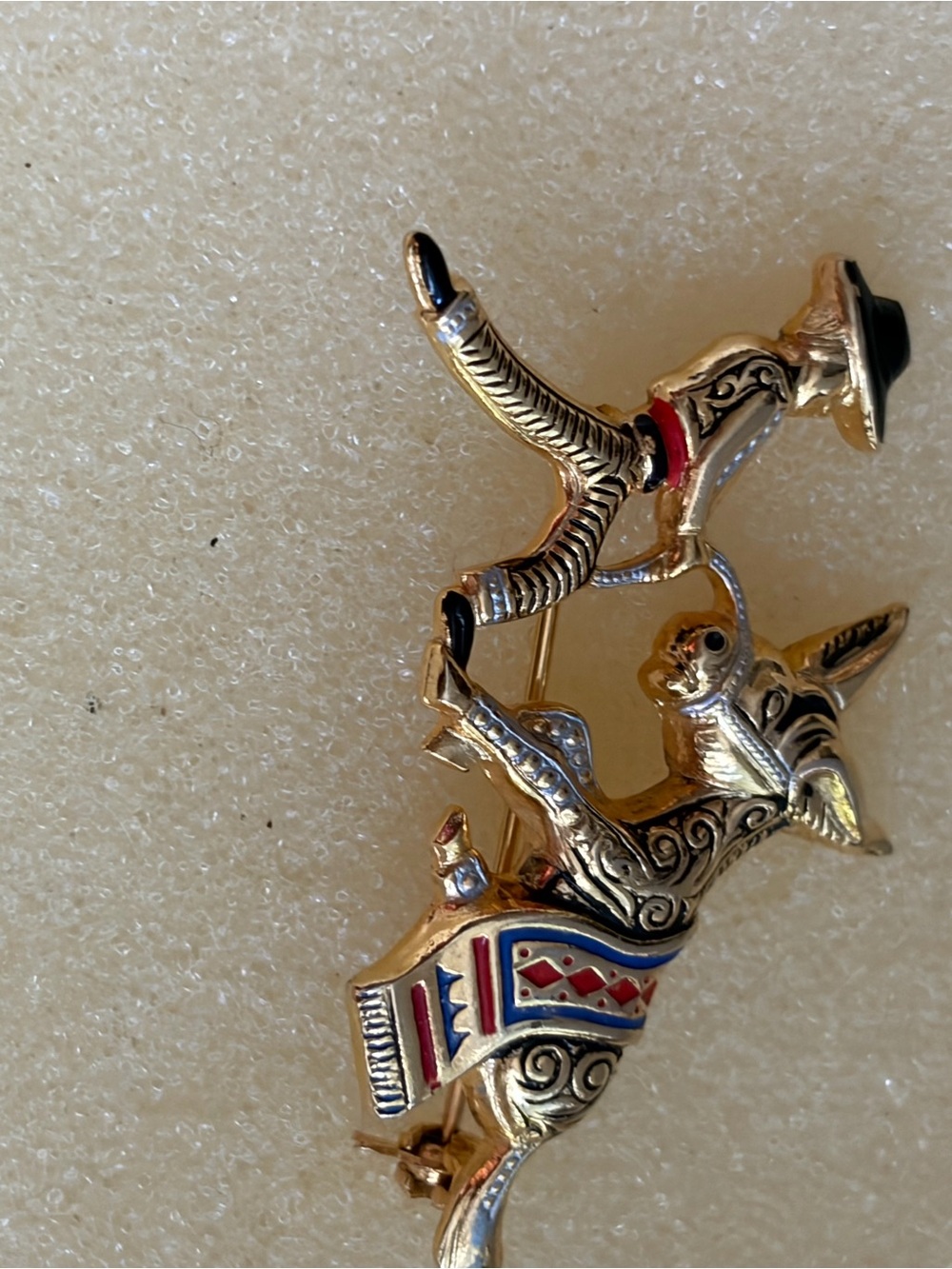 SPAIN Gold-Tone Elephant Brooch with Red and Blue Enamel